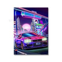 Modern Canvas Painting Art Tokyo Street Racing Nissan GTR Synthwave Neon 80S Poster Decoration Wall Art Living Room Home Decor 21x30cm No Framed