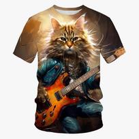 3D spausdinimo gitaros bosinės katės marškinėliai vyrams, gyvūnų grafikos marškinėliai, hiphopo asmenybės trumpomis rankovėmis, apvalios kaklo formos roko marškinėliai XS beige