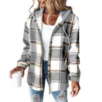 Women Fall Winter Coat Drawstring Hoodie Plaid Print Thick Long Sleeves Single-breasted Cardigan Plush Warm Daily Casual M šviesiai pilka spalva