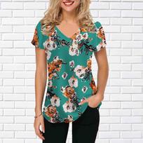 Women's V-Neck Short Sleeve Sunflower Begonia Flower Printed Tops Loose T-Shirt Casual Blouse XS žalia