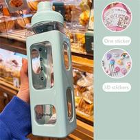 High Quality Water Bottle with Straw 3D Cute Bear Sticker Bpa Free Plastic Square Sippy Cup Portable Drinkware 700ml 700ml gray