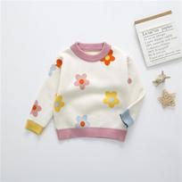 Autumn Winter Girls Floral Knitted Long Sleeve Sweater Baby Kids Thick Keep Warm Tops Toddler Children's Pullover 130 balta