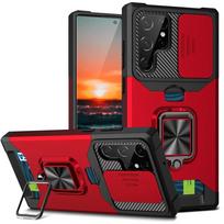 Šarvuotas dėklas su stoveliu Samsung Galaxy S24 S23 Ultra S22 Plus S21 FE Note 20, kortelių laikiklis, piniginė, žiedas, verslo pilnos apsaugos dangtelis For Galaxy S21 Plus raudona
