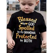 Vibrant Blessed By God Spoiled By My Grandma Boys Alphabet Print Crew Neck T-Shirt - Soft, Slight Stretch Polyester Fabric 110