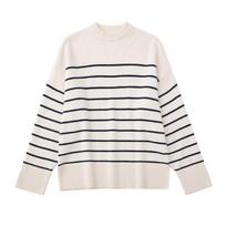 Autumn Winter Chic Striped Loose Pullover Women New Elegant Knitted Sweater Streetwear Tops Vintage Round Neck Y2k American Retro Clothes S smėlis