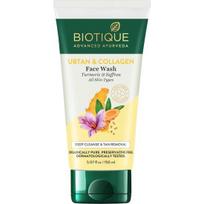 Biotique Ubtan ir Kolageno veido prausiklis nuo įdegio ir odos spalvos gerinimui - Švelnus šveitimas, negyvų odos ląstelių šalinimas| Vyrams ir moterims - 150ml