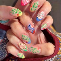 24pcs Forest Colorful Press On Nails, Short Almond Fake Nails With Green Branches And Snake Pattern Design, Glossy Full Cover False Nails SN007