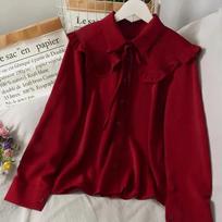 Autumn Vintage Women Retro Strappy Bow Shirts Korean Fashion Turn Down Collar Loose Blouses Y2K Elegant Office Ladies Long Sleeve Tops New XS raudona