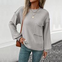 Round Neck Knit Pullover Sweater Splicing Pocket Design Women's Gray Sweater Solid Color Knit Bottoming Shirt Casual Loose Top Commute Autumn Winter S šviesiai pilka spalva