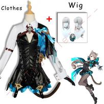 Lynette Cosplay  Costume Wig Fontaine Leather Cosplay Costume Uniform Dress Ears Skirt Glove Outfit Tail Magician XS-(Costume+Wig) gray