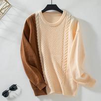 2024 Europe And America Autumn And Winter New Splice Contrast Round Neck Sweater Vintage Loose Knit Pullover Fried Dough Twists Sweater Women XL juoda