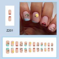 24pcs Press On Nails Summer Beach Short Square Nails Cute and Fresh Sun Seagull European Square Short Nail Art Pieces Sweet Simple Removable black