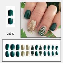 24pcs Press On Nails Christmas Short Square Nails Glitter Powder Christmas Tree Solid Color Christmas Elements False Nails beige