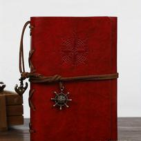 Vintage Leather Journal Notebook with Matte Finish and Plain Pages - Antique Pirate-Themed Nautical Compass Design Hardcover Writing Diary raudona