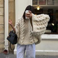 Oversize Knit Pullover Women Casual Lazy Round Neck Kink Solid Sweater Female Autumn Winter Loose Sleeves Knitwear Lady S