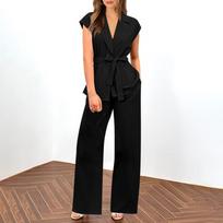 2 dalių kostiumų rinkiniai moterims Vasaros aprangos kepuraitė rankovės V kaklo liemenė plačios kojos kelnių rinkiniai Darbo drabužiai S juoda