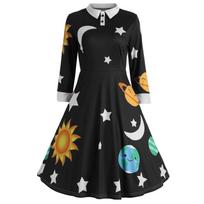 Women's Vintage  Collar Planet Print A-Line Flare Party Dress XXL juoda