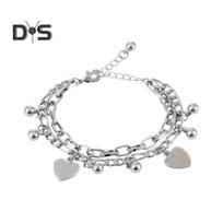 Women Bracelet Hollow Chain Heart Pendant Double-layered Lobster Clip Titanium Steel Bead Adjustable Length Electroplated Wrist Jewelry sidabras