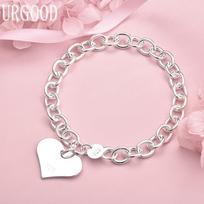925 Sterling Silver Smooth Heart-shaped Pendant with Lobster Clasp Bracelet Fashion Wedding Jewelry 20CM white