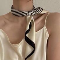 Luna&Dolphin Women Retro Sunscreen Small Silk Scarf 55x55cm Beige Strip Chiffon Headbands Bandana Bag Ribbon Neckerchief Hijab black