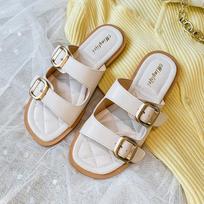 2024 Women Buckle Slippers New 2024 Comfortable Flat Slippers Comfort Sandals Casual Beach Shoes Double Belt Adjustable Flat Slippers 35