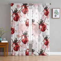 Watercolor Paint Insect Ladybug Tulle Window Treatment Sheer Curtains for Kitchen Living Room the Bedroom Curtains Decoration W135 x H114cm brown