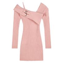 Off Shoulder Sexy Knitted Sweater Dress Women Autumn Winter New Elegant Clothes Christmas Long Sleeved Party Hip Dresses 2024 S rožinė