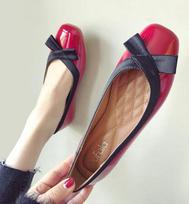 Fashion square toe patent leather red princess shoes trendy bow-knot shallow ballet flats shoes woman anti-skid soft cow muscle loafers 5 raudona