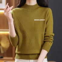 Sweater Women's Solid Color Semi High Neck Knitted Sweater Spring and Autumn Long Sleeved Casual Pullover XL chaki