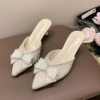 Fashion 2024 Summer New Baotou Half Slippers Women Shoes Fashion Rhinestone Pointed Toe High Heel Sandals Bow Tie Women Mules Slides 35 smėlis
