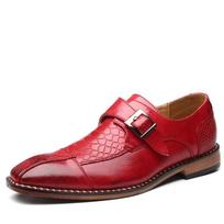 Fashion Men's Dress Shoes PU Leather Monk Strap Wingtip Formal Shoes Slip-On Loafer Solid Color Fits True to Size US 4(EUR 37) raudona