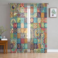 Mandala Bohemian Tiles Flower Tulle Sheer Curtains for Living Room Decoration Window Curtain for Bedroom Voile Organza Drapes W135 x H115cm x1&Rod Pocket