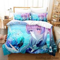 Genshin Impact Sangonomiya Kokomi patalynės komplektas Animacinis Anime trijų dalių komplektas Suaugusiems Vaikams Miegamojo antklodės užvalkalų komplektai Kawaii Mergaitėms 70x133cm 2pcs blue