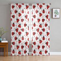 Red Ladybug Love White Sheer Curtains for Living Room Decoration Window Curtains for Kitchen Tulle Voile Organza Curtains W135 x H115cm x1 white