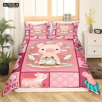 Cartoon Lovely Pig Duvet Cover Set Kawaii Animal Bedding Set King Microfiber Farmhouse Wildlife Theme Comforter Cover Pillowcase EU single(135x200cm) beige