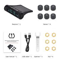 Automobilio belaidis padangų slėgio monitorius 6 išoriniai TPMS jutikliai 15 barų temperatūros įspėjimo sistema LCD USB saulės energija sunkvežimiams skirtas Black