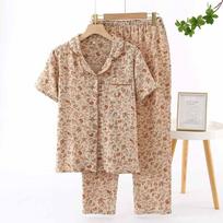 Spring/Summer Women's New Pajama Set 100% Cotton Crepe Short Sleeves+Pants Flip Collar Vintage Flower Simple Homewear M