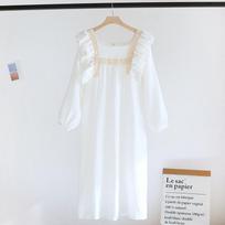 Spring Summer New Ladies 100% Cotton Crepe Nightdress Thin Lotus Leaf Sleeves Square Neck Solid Color Long Dress Large Size M