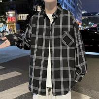 Men's Plaid Long-Sleeved Shirt Japanese Hong Kong Style Ins Loose Shirt Boys Summer Trendy Versatile Casual Coat M juoda