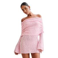 Lady Dress Shawl Collar Long Horn Sleeves Elastic Solid Color Skinny Sheath S rožinė
