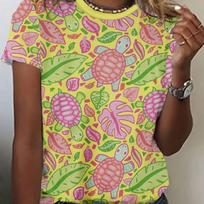 Women's Vibrant Turtle & Leaf Print Short Sleeve T-Shirt - Casual Polyester, Crew Neck Perfect for Spring/Summer, Casual Wear S
