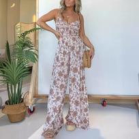 BITCED Spring Floral Halter One-piece Wide Leg Pants S chaki