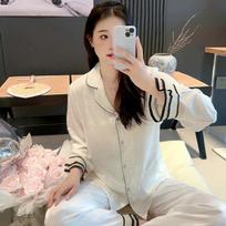 Ice Silk Long-sleeved Pajamas Women's Skin-friendly Casual Jacquard Silk Home Wear Spring and Autumn M smėlis