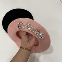 2022 Korean-Style Rhinestone Wool Beret - Inspired by Zhang Yuanying, Fashionable All-Match Diamond Design One Size rožinė