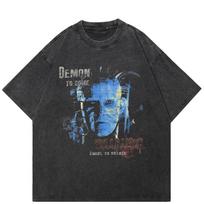 Streetwear Demon Graphic T-Shirt Cotton Washed Black Tshirt Unisex Oversized Short Sleeves T Shirt S juoda