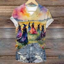 2024 New Witch Print Short Sleeves T shirt Summer Casual Loose V-neck Women's T-shirts Designer Fashion Trend Women Clothing Top S