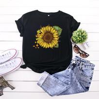 Summer Round Neck Sunflower Pattern Printed Top Fashionable Casual Short Sleeved Women's Pure Cotton T-shirts S juoda