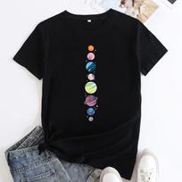 Summer Round Neck Planet Pattern Printed Top Fashionable Casual Short Sleeved Women's Pure Cotton T-shirts S juoda