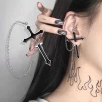 Fashion personality, cold wind, Hong Kong style, dripping oil, cool and handsome dancing, exaggerated cross chain, piercing earrings, earrings.