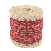 Natural Jute Burlap Hessian Ribbon +lace trim Edge Vintage Wedding Rustic tamsiai raudona spalva
